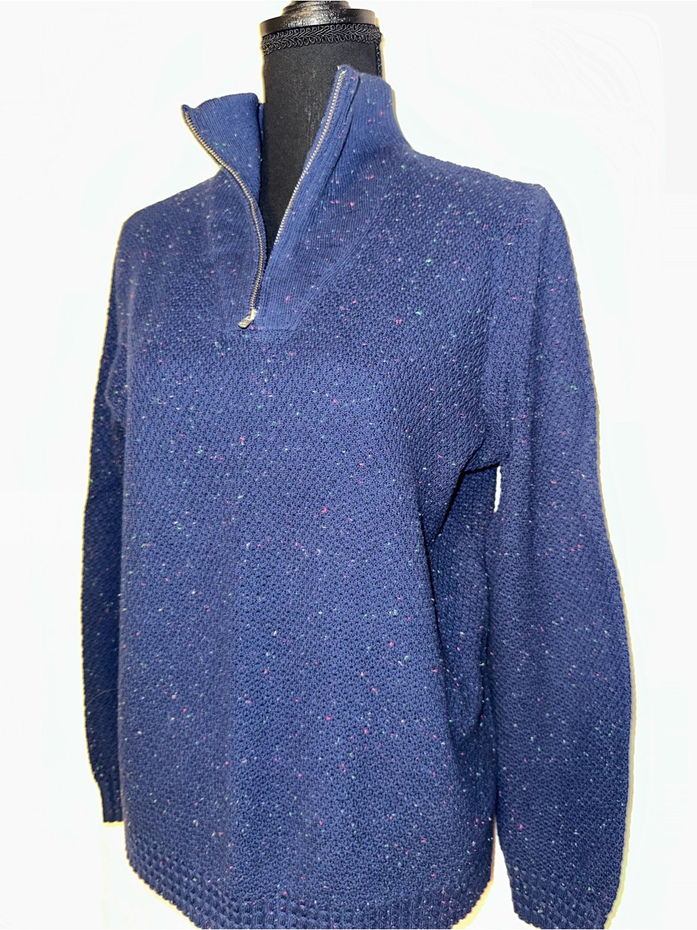 Lands’ End Women’s Navy 100% Cotton Speckled Quarter-Zip Sweater NEW Small